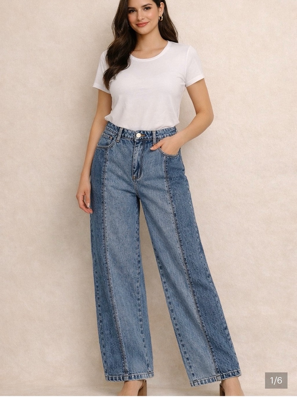 Le Lis Two-Tone Paneled Wide Leg Jeans in Blue Denim